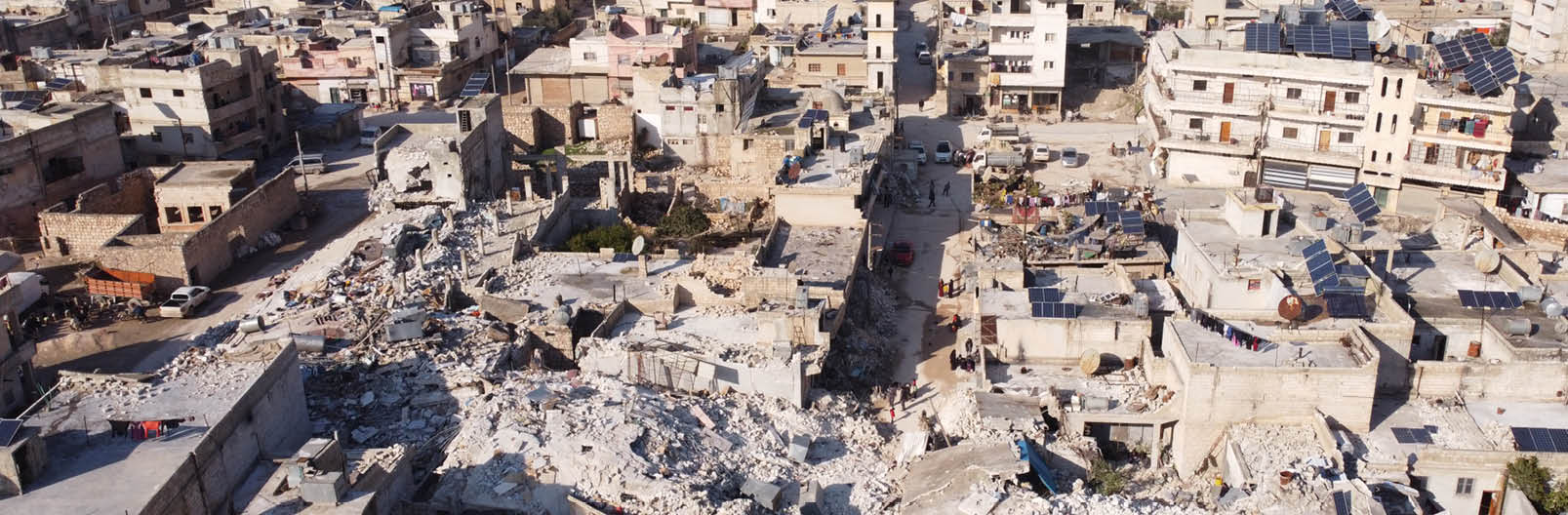 Aerial view of buildings destroyed by the earthquake.